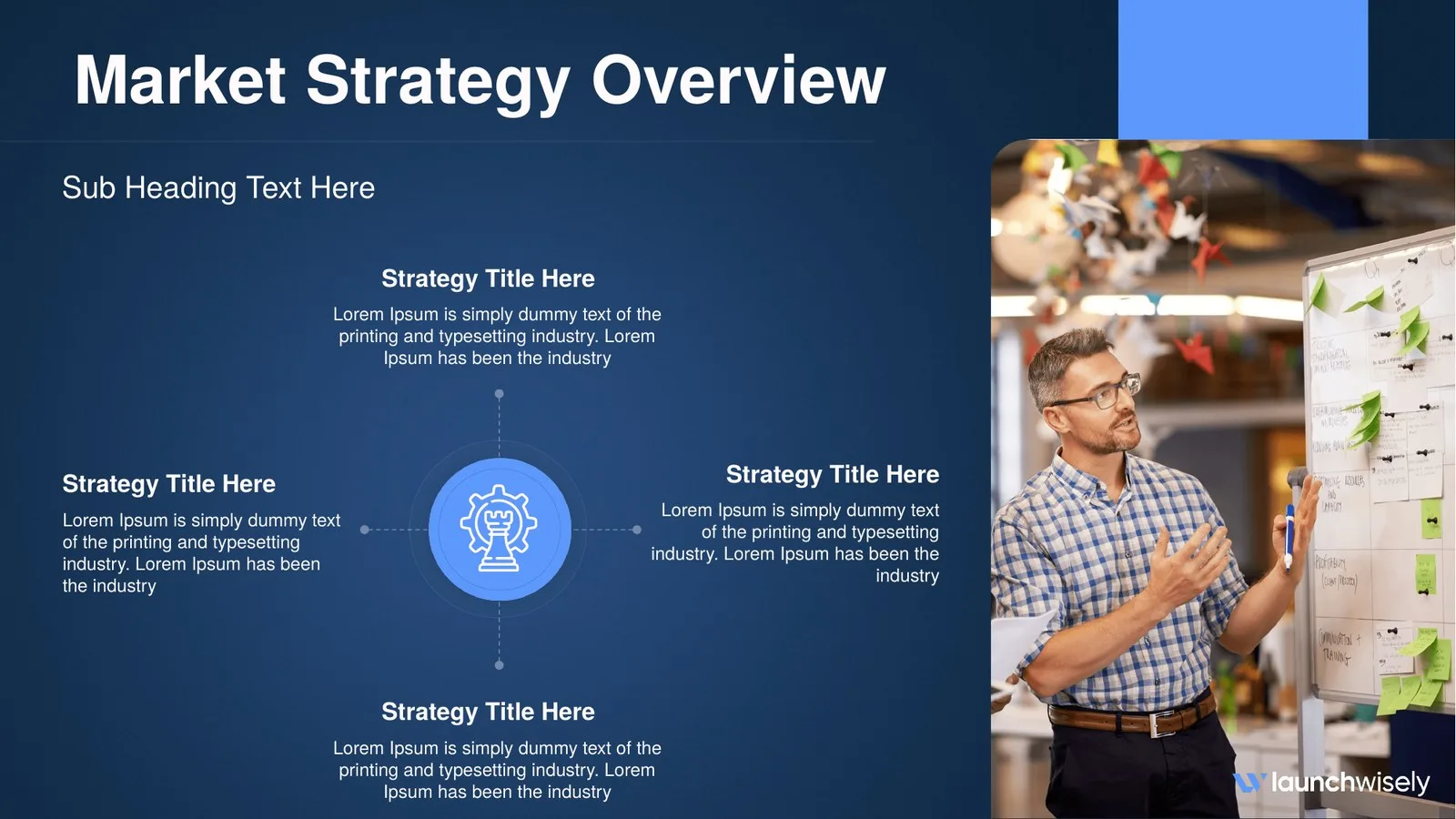 Market strategy overview slide on navy: strategy placeholders around an icon, beside a man at a whiteboard