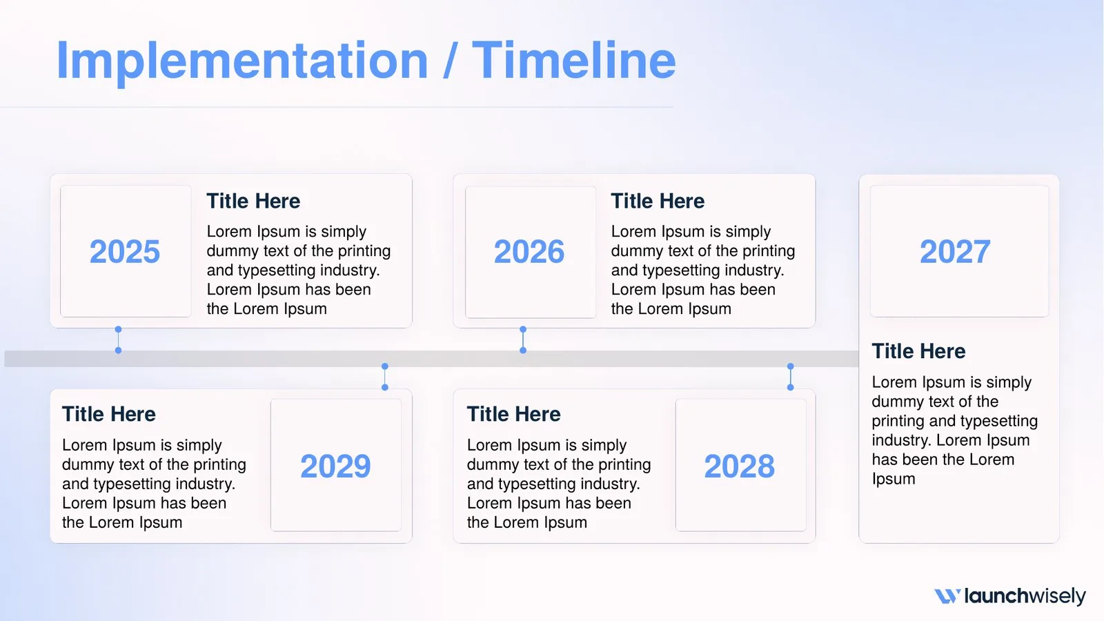 Light timeline slide: yearly milestones in placeholder cards along a horizontal line