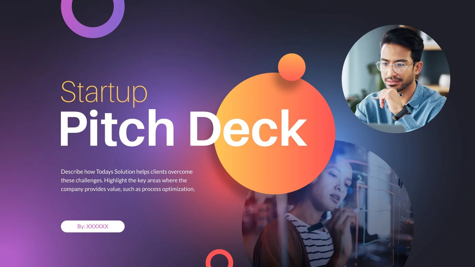 Startup pitch deck title in white and orange on a dark gradient, with circular photos of people at work