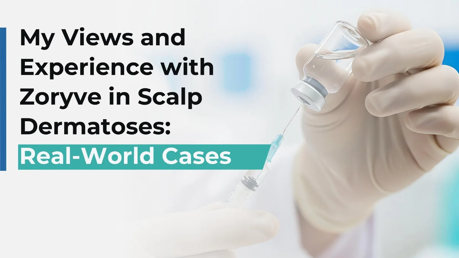 Medical keynote title slide on scalp dermatoses and real-world cases, beside a gloved hand drawing from a vial