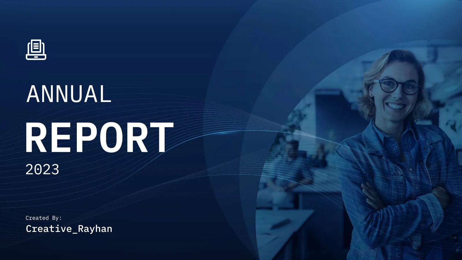 Annual report 2023 title slide in white on deep blue, beside a smiling woman in a denim shirt