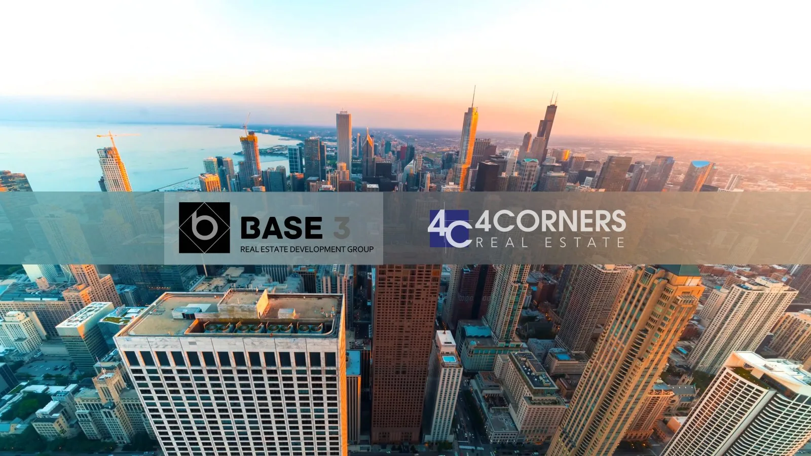 Title slide: an aerial city skyline at sunrise with two real estate developers’ logos side by side