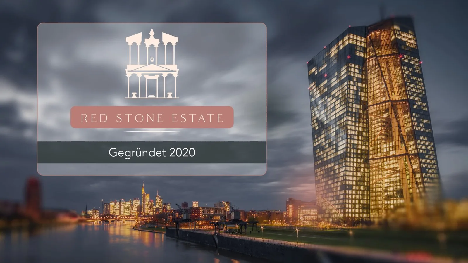 Title slide: a real estate company’s crest in a glass panel over a city skyline at dusk